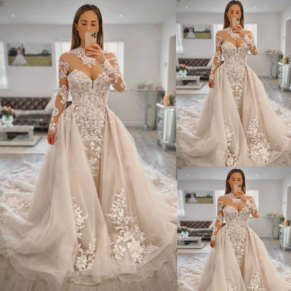 Mordern Lace Mermaid Pink Wedding Dress with Detachable Overskirt main image 1