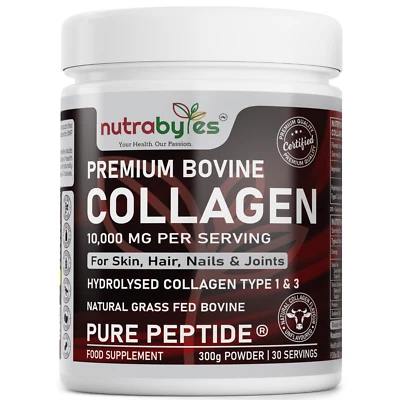 Nutrabytes Premium Bovine Collagen Peptides Powder 300g - 10,000mg Per Serving