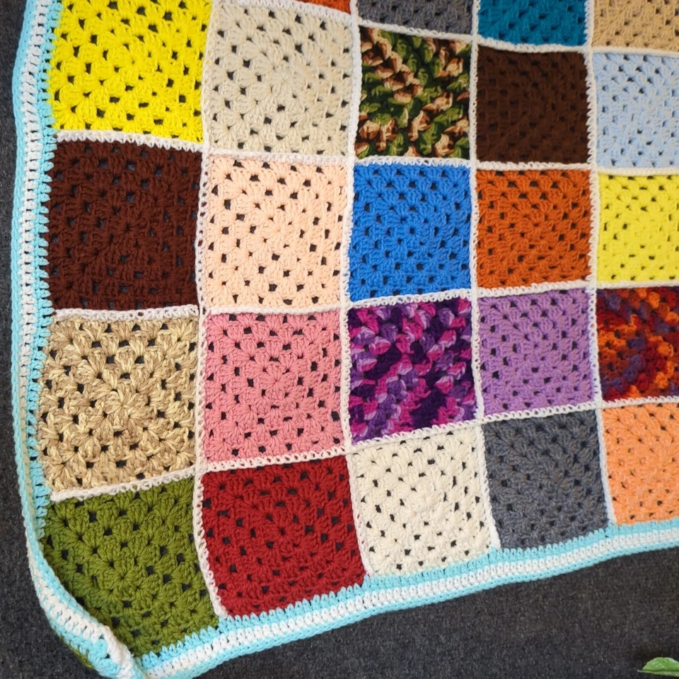Handmade Crochet Afghan Throw Granny Square Bright Black Outline 83x65 Colorful  - Image 4 of 4