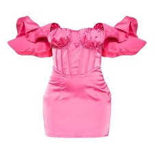 PrettyLittleThing hot pink satin corset dress with ruffle sleeves, size 6