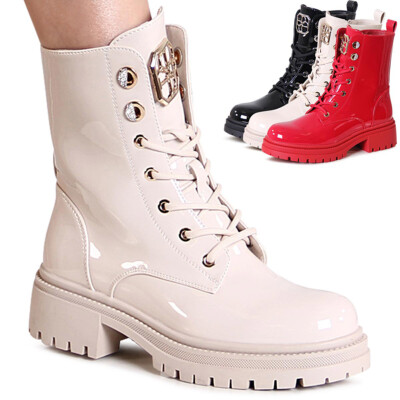 Damen Lack Stiefeletten Plateau Worker Biker Boots Combat Booties