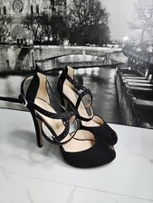 Nine West Black Suede Leather 4.5" Heels Pump Strappy Open Toe Sandal 7.5M