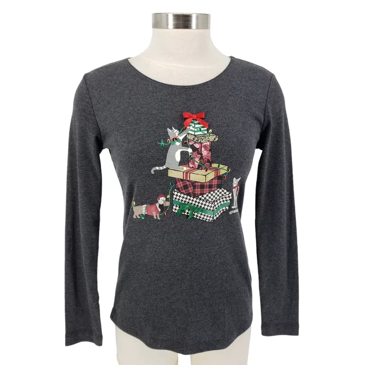 Karen Scott Christmas Cat Shirt Gray Long Sleeve Holiday Top Petite NWT Women PP
