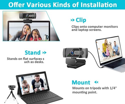 Computer Webcam Kamera 1080P mit Mikrofon und Stativ USB für PC Desktop B396 - Afbeelding 7 van 8