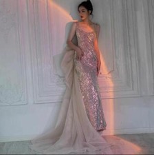 Gorgeous Bowknot Long Train Shine Sequins Bodycon Fishtail Gown Evening Dresses
