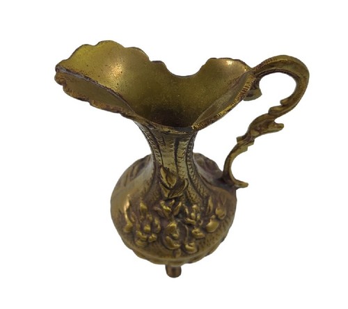 Vintage Italian Miniature Small Floral Embossed Brass Pitcher Vase Decor Footed - Picture 2 of 12