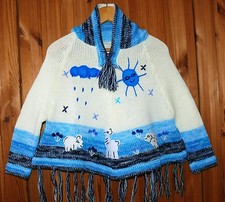 Kinder Poncho Gr.92*98, weiß türkis blau, Ärmel + XXL-Kapuze, Inka Indianer Peru