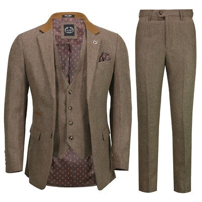 Herren 3-teiliger Fischgrät Tweed Anzug in Braun Retro Peaky Blinders Style tailliert