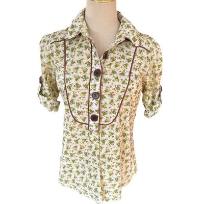 SO Wear It Declare It Womens L Floral Button Up Shirt Green Brown Cotton western