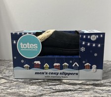 New Totes Toasties Men  s Memory Foam Slippers LARGE 9-10 Black Faux Fur
