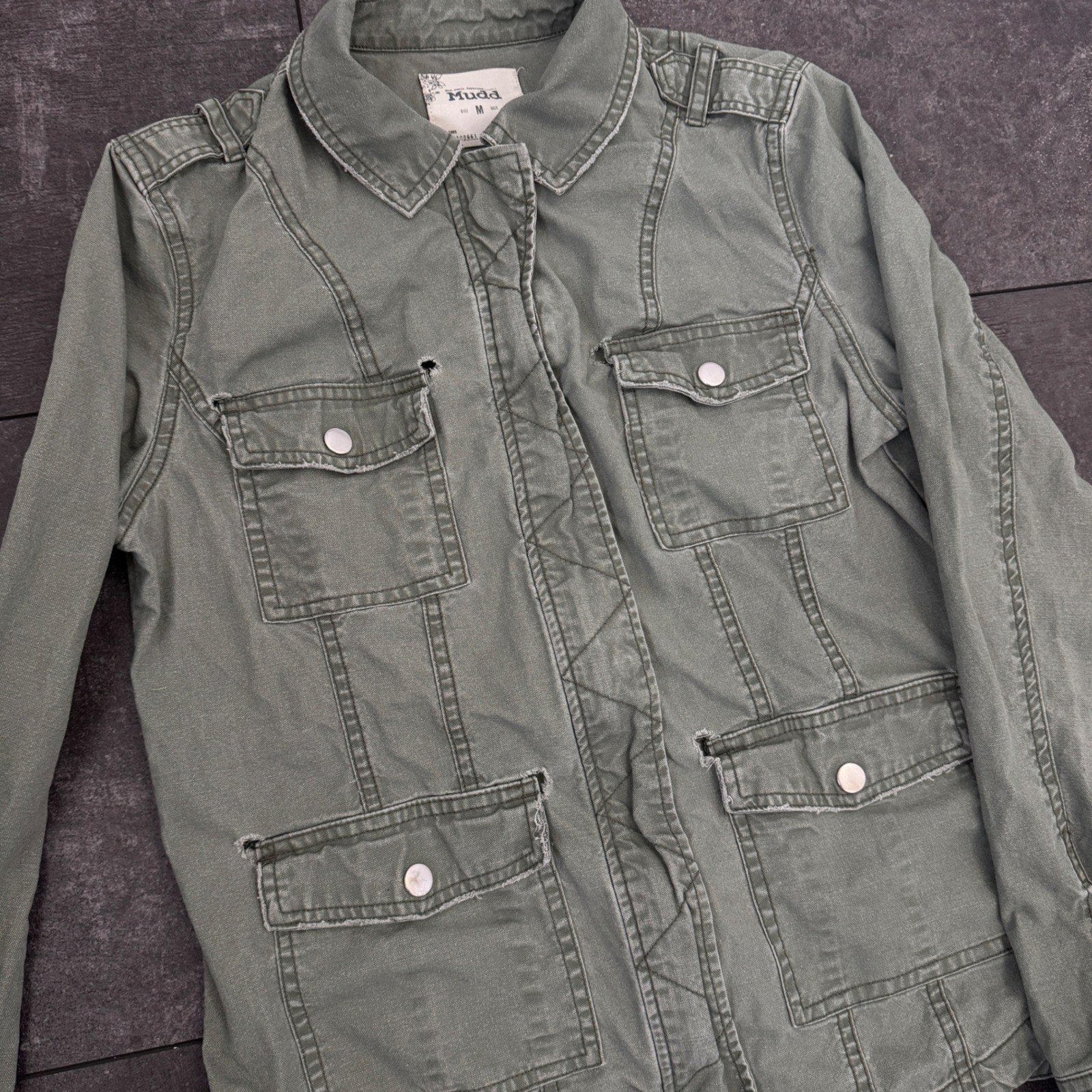 Mudd Womens Utility Jacket Green Button Front Poc… - image 2