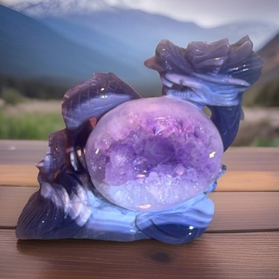 Purple Fantasy Dragon Statue with Crystal Geode Centerpiece