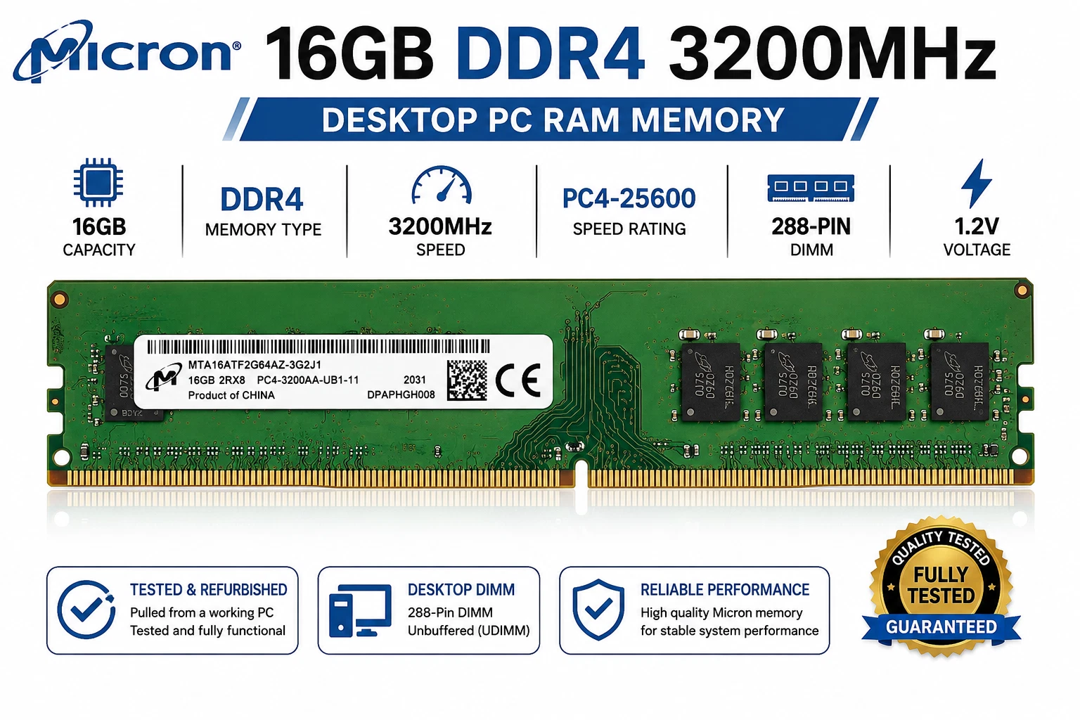 Micron 16GB DDR4 3200MHz Desktop RAM Memory