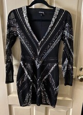 Express Sequin Party Dress Black Silver Women’s Sheer Sleeve Size XS Cocktail