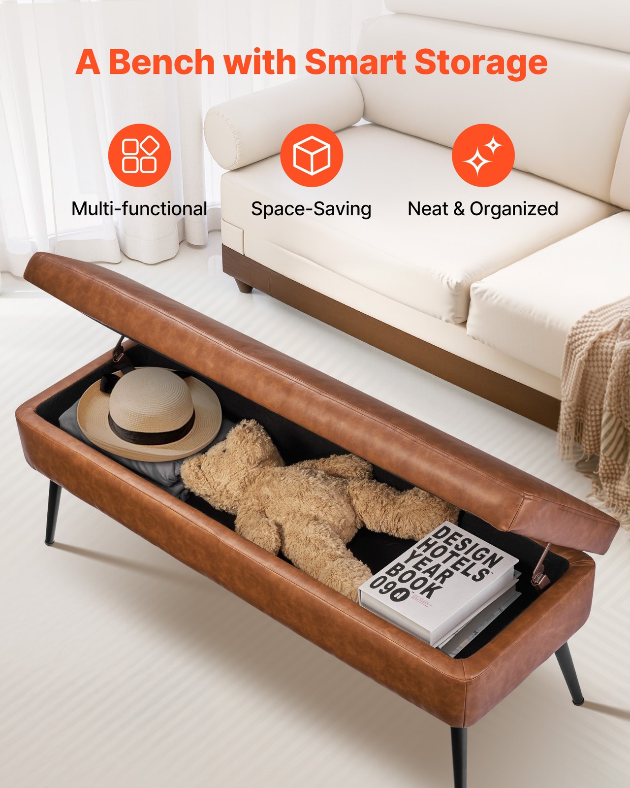 Uimoso PU Leather Storage Ottoman Bench Shoe Seat with Storage& Metal Legs Brown