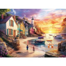 500 Piece Jigsaw Puzzle for Adults, Sunset Coastal Town with Lighthouse Color...