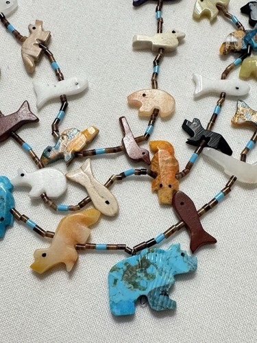 Vntg 3 Strand Zuni 52 Multi-Gemstone Fetish Necklace 28"Turqoise Bear Center - Picture 11 of 15