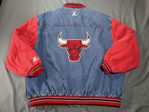 Vintage Chicago Bulls Starter Jean Jacket Mens 2XL Blue Red NBA Denim 90s - Image 1