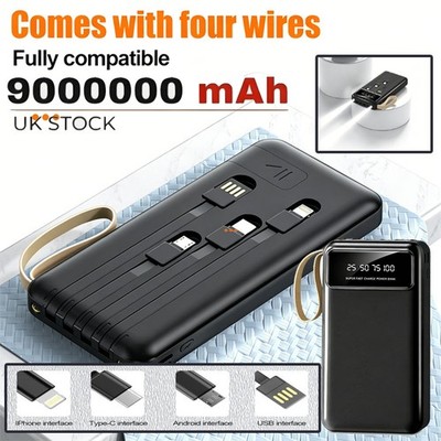 2026 Powerbank 900000mAh USB-C Externer Batterie 4 USB für Alle Handys Schwarz
