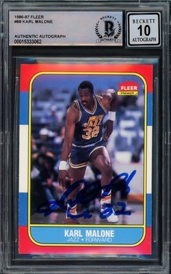 Karl Malone Signed 1986 Fleer RC #68 Utah Jazz Auto GM 10 Beckett
