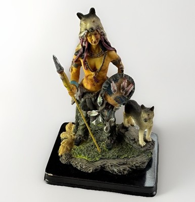 Vintage Indianer Krieger Figur mit Wolf Harz Statue Ornament