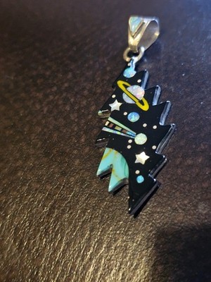 Artisan KN Signed Sterling Silver Lightning Bolt Night Sky Inlay Pendant