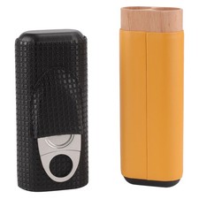 Black Leather Cedar Wood 2 Tube Travel Cigar Case Humidor With Cigar Cutter