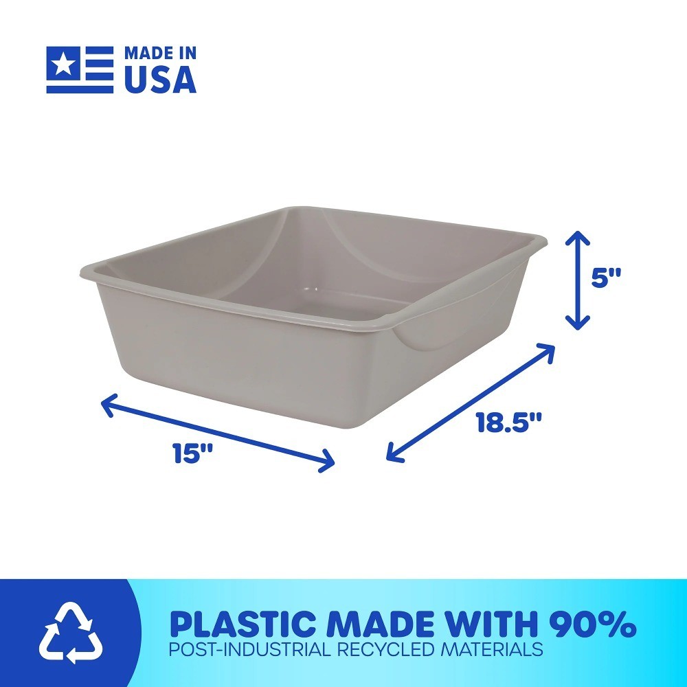 Open Top Entry Cat Litter Box with Rim, Large Plastic Pet Pan, Gray