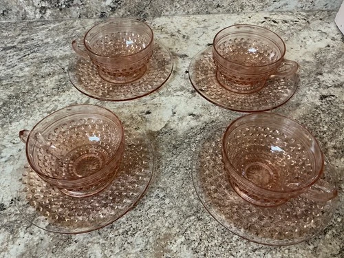 VTG Hobnail Anchor Hocking Depression Glass Cups And Saucers s/4-pink- 8 pieces