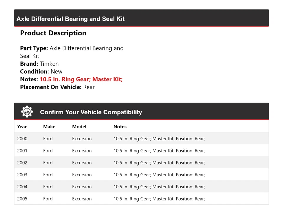 Комплект подшипников дифференциала и уплотнений для задней оси Ford Excursion 2000-2005 годов выпуска Timken - Изображение 2 из 3