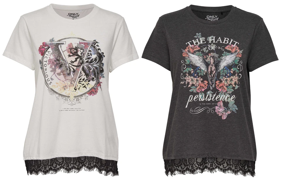 ONLY Damen T-Shirt onlPRINCE S/S HABIT/ VICTORIOUS Top Oberteil Print Spitze NEU
