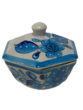 Tonala Mexican Pottery Hexagon Shaped Trinket Box Floral Bird Butterfly Signed