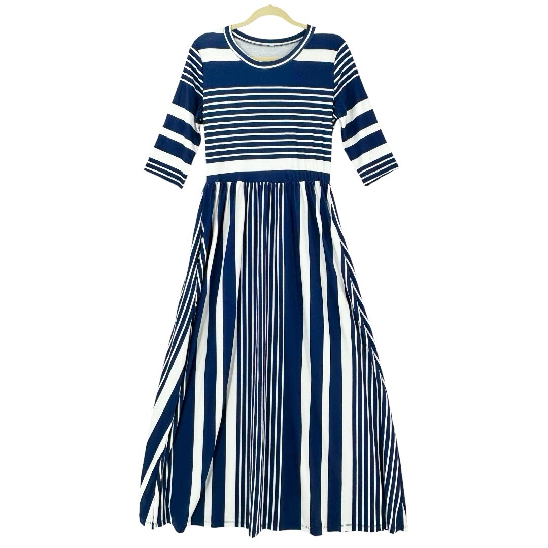 Yesno Womens 3/4 Sleeve Striped Maxi Dress W/Pockets Blue/White Size S