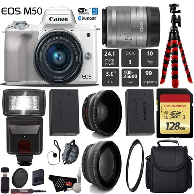 Canon EOS M50 Mirrorless Digital Camera (White) +15-45mm Lens+ UV FLD CPL Filter