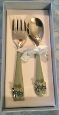 SPRING STREET Boy FORK  SPOON Train Silver Plated Baby Shower Gift Set NEW