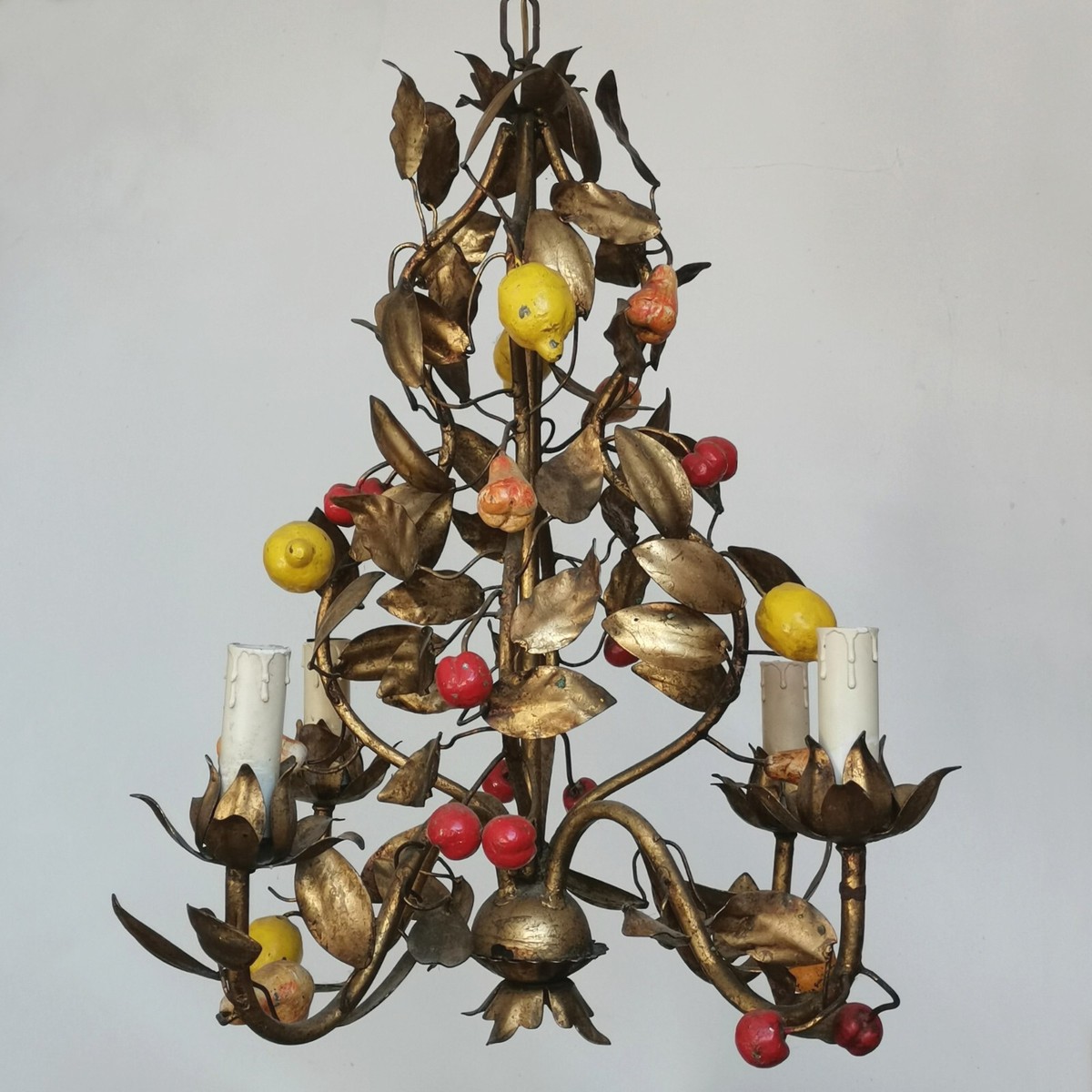 ANTIQUE ITALIAN FLORENTINE GILT TOLE CHANDELIER CEILING FIXTURE 4
