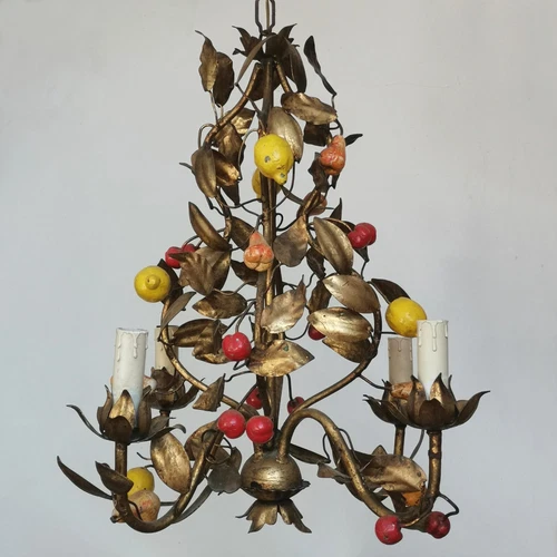 ANTIQUE ITALIAN FLORENTINE GILT TOLE CHANDELIER CEILING FIXTURE 4 LIGHTS FRUITS