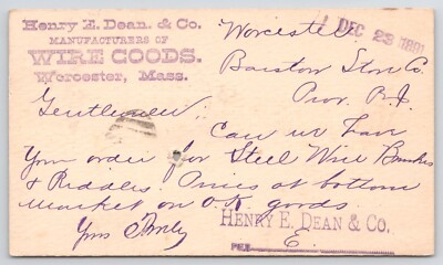 1891 Henry E Dean & Co Manufacturer Wire Goods Worcester MA Postcard