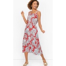 Talbots Oasis Palm Voile Fit & Flare Midi Dress Orange zinnia/salt blue 14 New