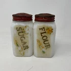 Tipp City Milkglass Flour & Sugar Shakers Art Deco Arches Red Lids Vintage Pair