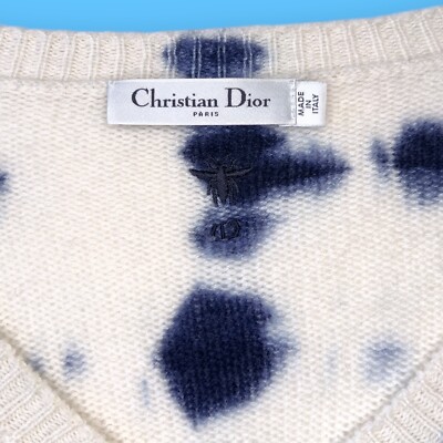 AUTHENTIC Christian Dior Cashmere Tie-Dye White & Navy Blue V-Neck