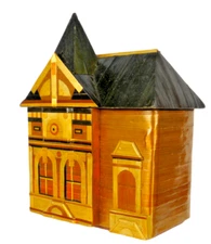 Bamboo/Straw Vtg. Marquetry Victorian Miniature House Lined Trinket/Jewelry Box