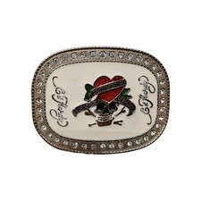 Ed Hardy Love Kills Slowly Belt Buckle Diamonds Heart Skull 3x4