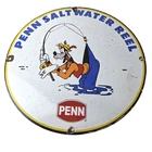 Vintage Penn Fishing Reels Sign - Porcelain Tackle Rods Saltwater Gas Pump Sign