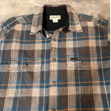 Carhartt Mens Sz L Plaid Flannel Shirt Brown Blue Long Sleeve Button Down Heavy