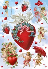Valentine Heart Decoupage Rice Paper, Floral, Cupid, Scrapbooking, Journals