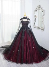 Gothic Black Red Wedding Dress Elegant Tulle Beaded Applique A-line Bridal Gown