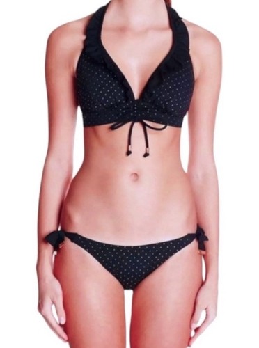 $210 Kensie Celebrity Gold Sparkle Bikini Bottoms X Small 0 2 Black Side Tie NWT