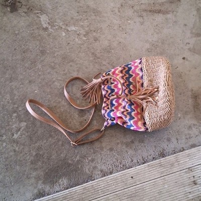Bohemian Chevron Multicolor Shoulder Bag Fringe Leather Strap Drawstring