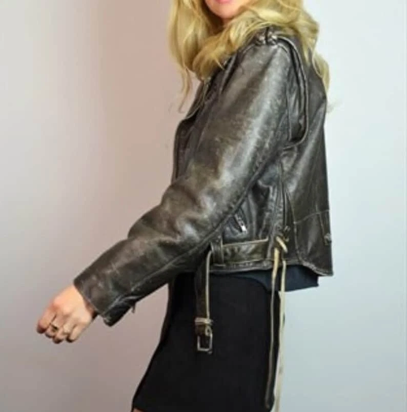 VETEMENTS Giacca di pelle da motociclista donna anni 90 cappotto in vera pelle nero invecchiato